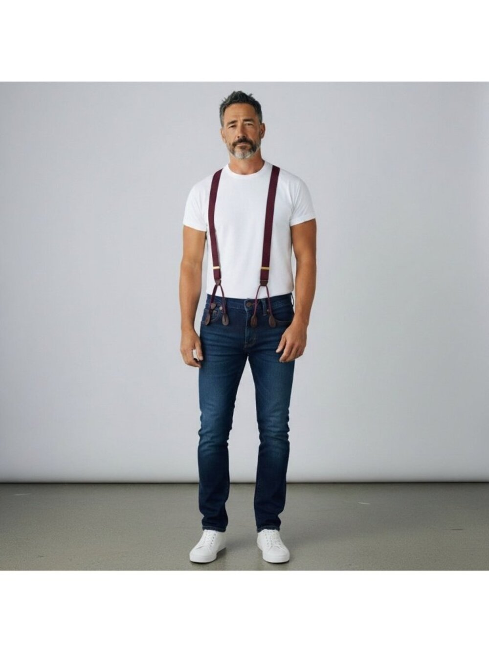 Pelican Burgundy Y-Back Leather Trim Button-End Adjustable Suspenders